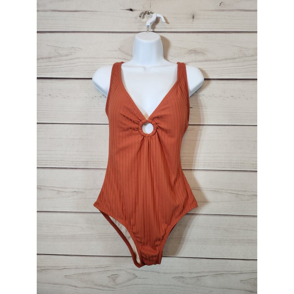 Kona Sol Women's Orange Stretch Ribbed Ring Front Swimsuit One Piece Size Large